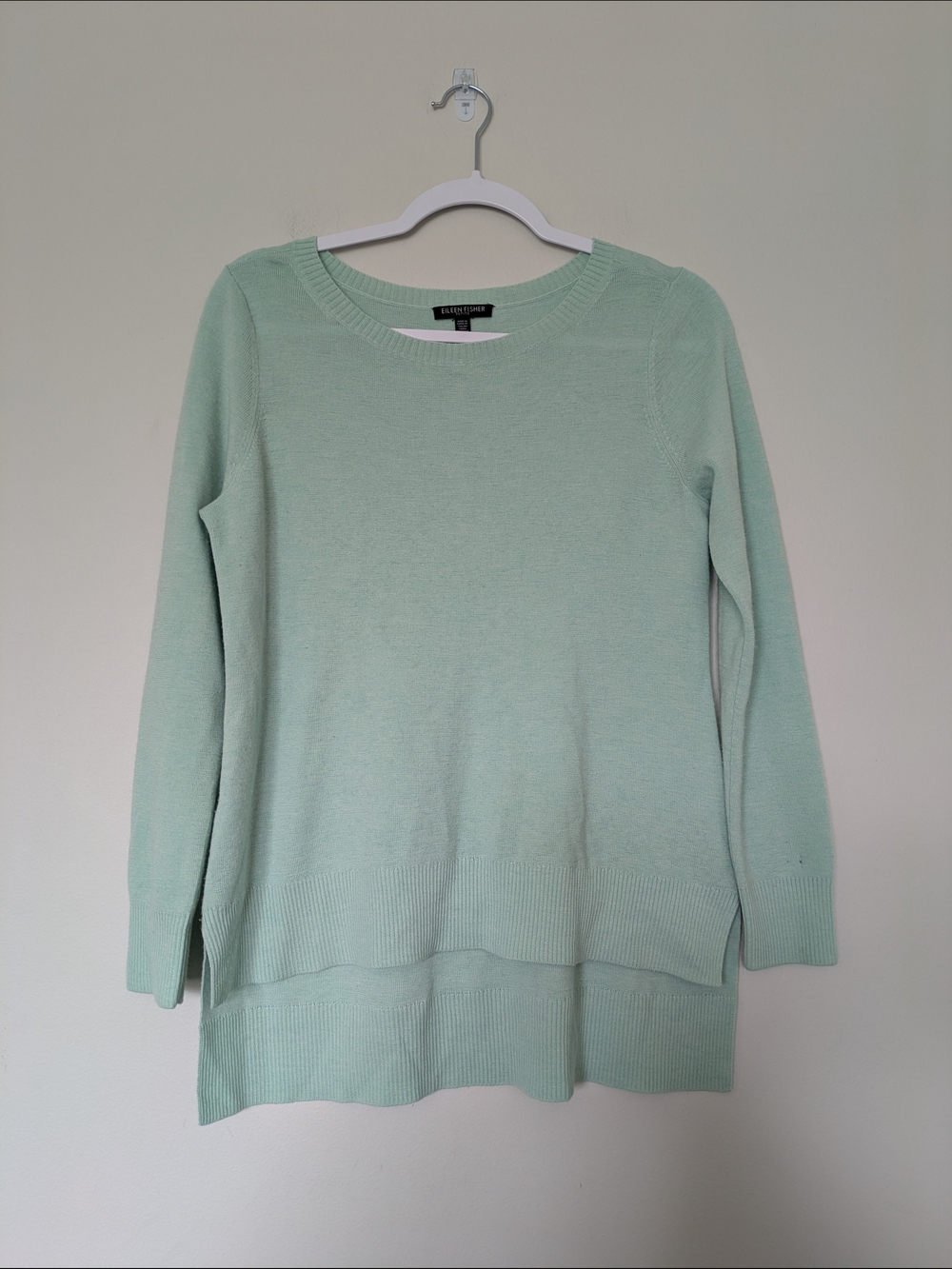 Eileen Fisher Mint Green 100% Merino Wool Sweater Sz Petite Medium W Small Flaw